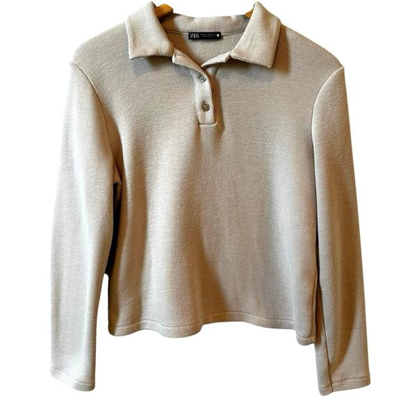 ZARA Long Sleeve Collared Pullover Polo Sweater Beige Womens Size Medium Classic - Picture 1 of 7